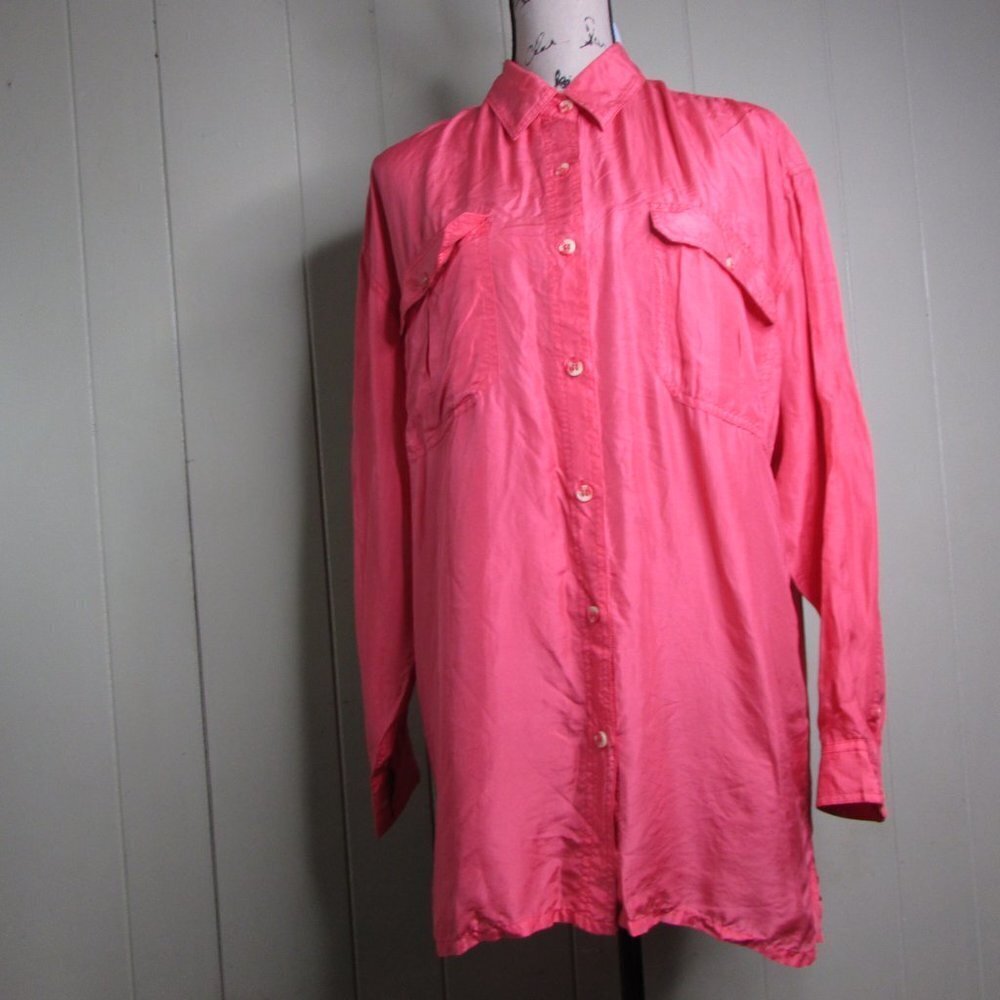 Kate Howard Blouse Shirt M Button Up Coral Silk - Picture 6 of 14